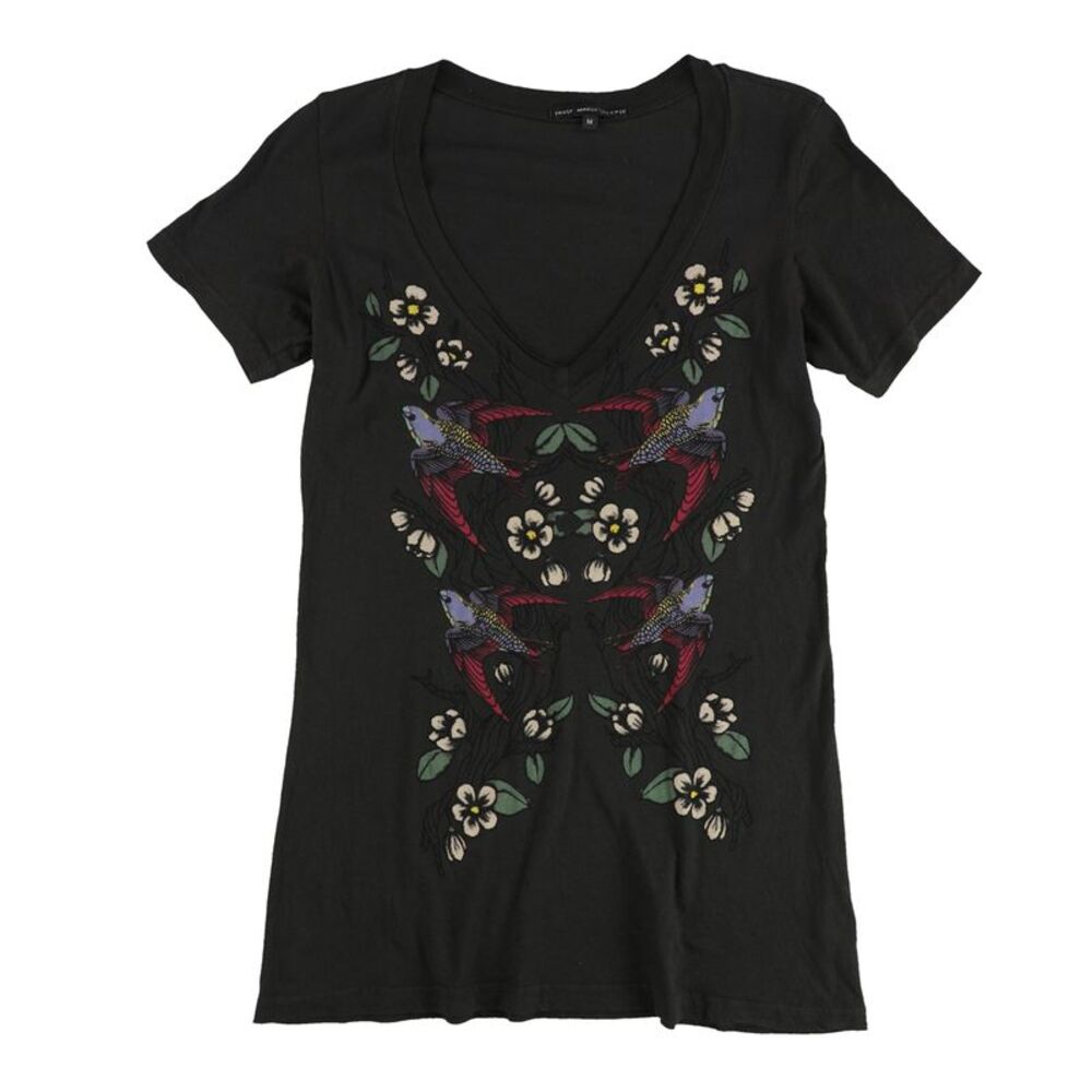 TRULY MADLY DEEPLY Womens Tree Bird Flower Graphic T-Shirt, Black, M, DM